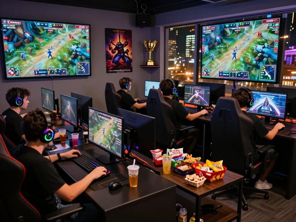 Players engaging in an intense online gaming competition at Rikbet's vibrant gaming setup with snacks and trophies.