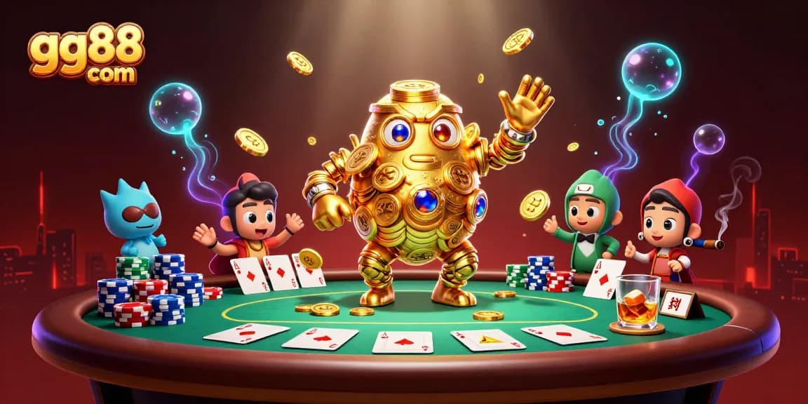 Engage with gg88 com's thrilling casino adventures featuring a golden golem and poker elements.