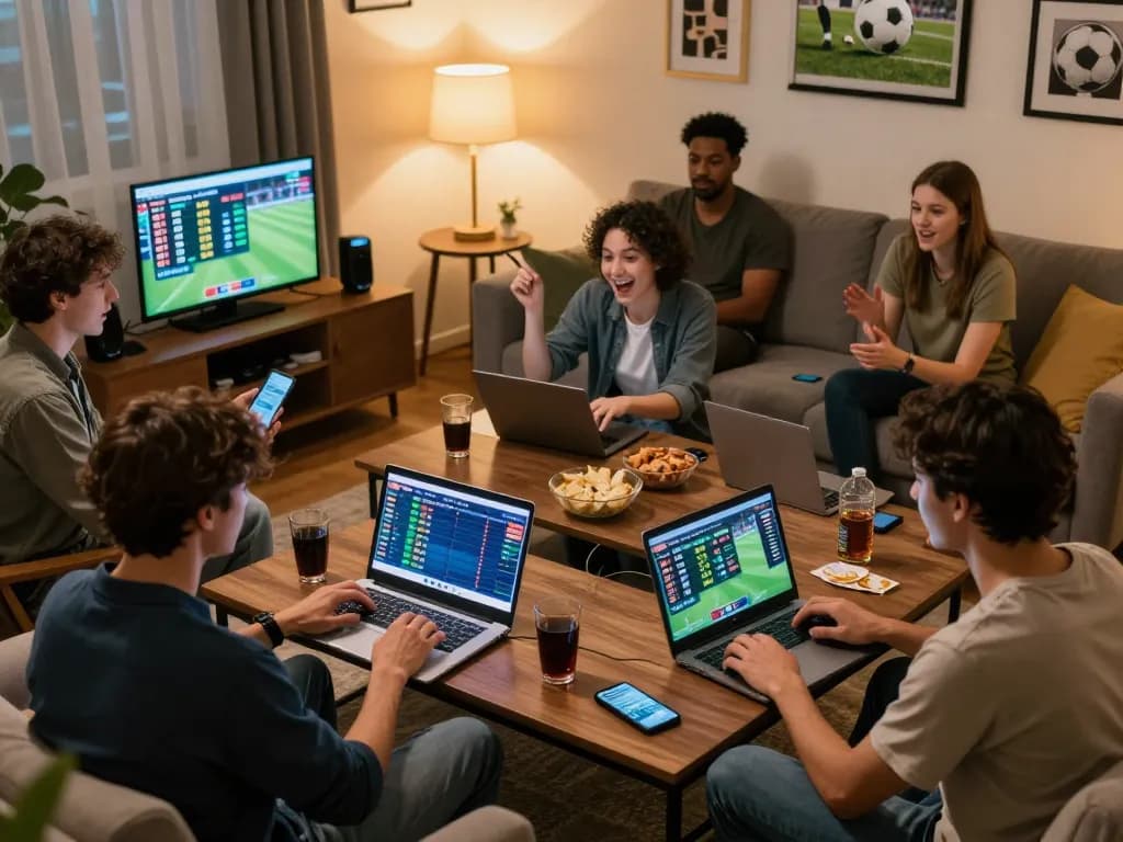 Engaging sports betting scene on NOWGOAL with friends strategizing and using devices