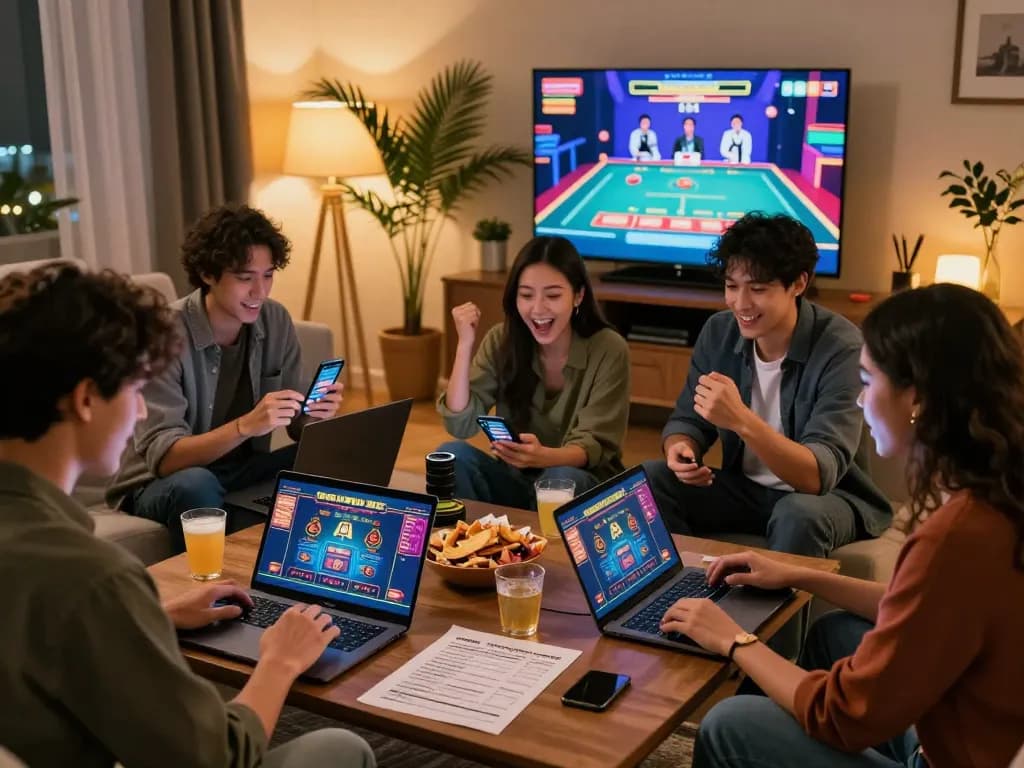 Friends enjoying an online gaming night with MM88 casino games in a cozy living room.