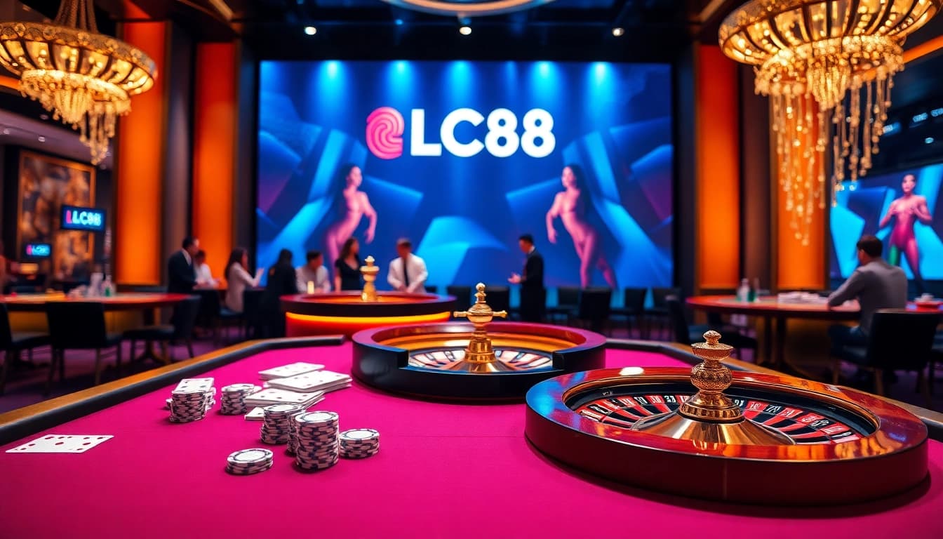 Players engaging at a professional LC88 casino table, enjoying high-stakes poker action.
