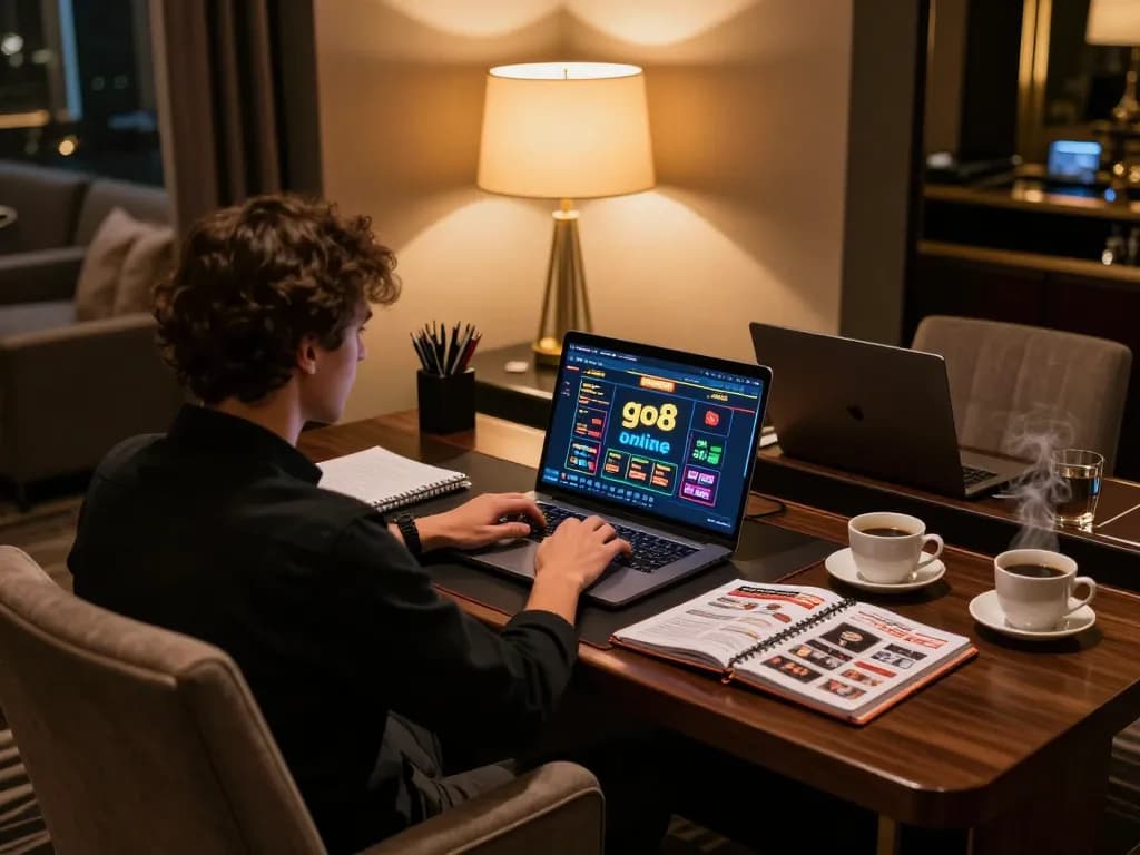 Engage in strategic online gaming on go8 platform while enjoying a cozy setup with rich decor.