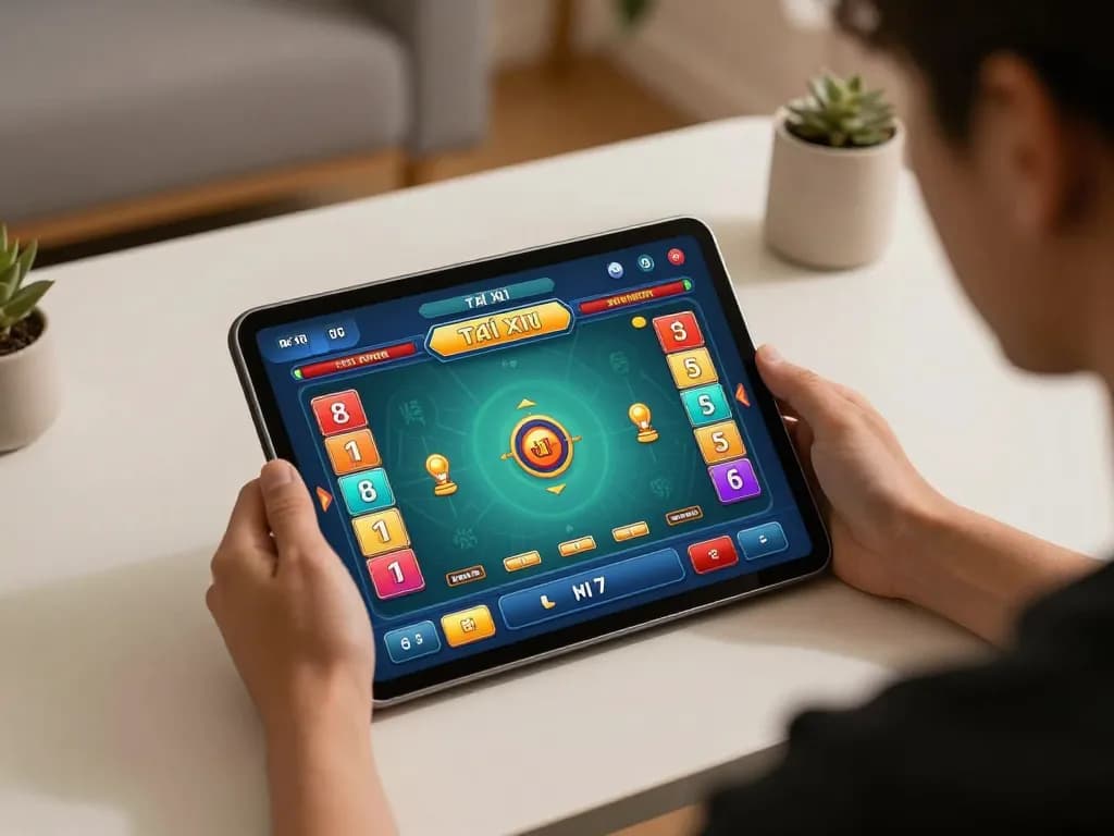 Engaging with app tài xỉu online uy tín interface on tablet in a cozy home environment, showcasing modern digital gambling.