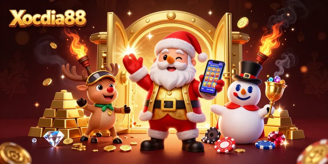 Xocdia88 promises a thrilling experience showcasing Santa, a dealer reindeer, and a poker-chip snowman in a vibrant casino scene.