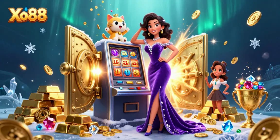 Xo88 showcases a glamorous woman winning big at a slot machine with a fortune cat, glowing treasures around.