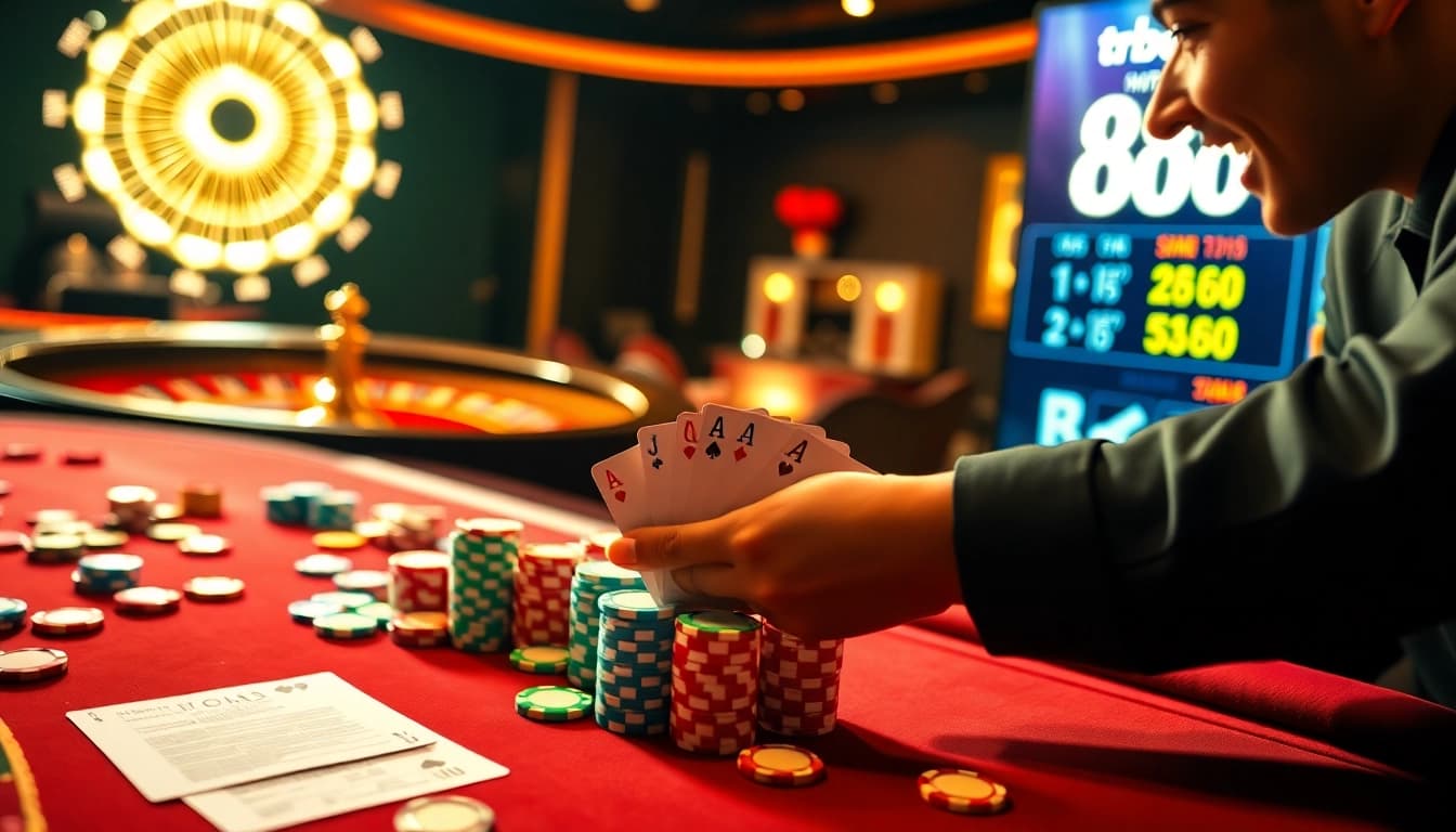 Players strategizing at a glamorous casino table showcasing tr88 poker chips and cards.