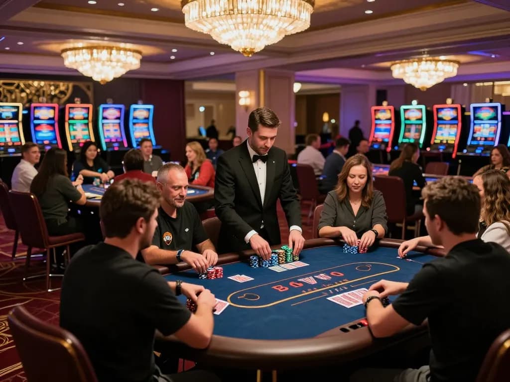 tr88 players engaging in poker at a bustling casino, showcasing excitement and strategy in a luxurious setting.