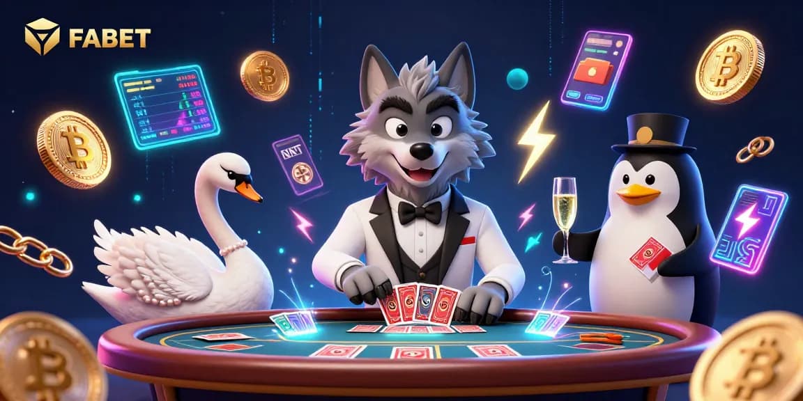 Engage with FABET as a debonair wolf plays baccarat amid neon crypto coins and vibrant characters.