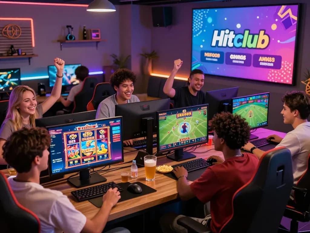 Engaged gamers at Hitclub enjoying diverse online games in a lively lounge atmosphere.