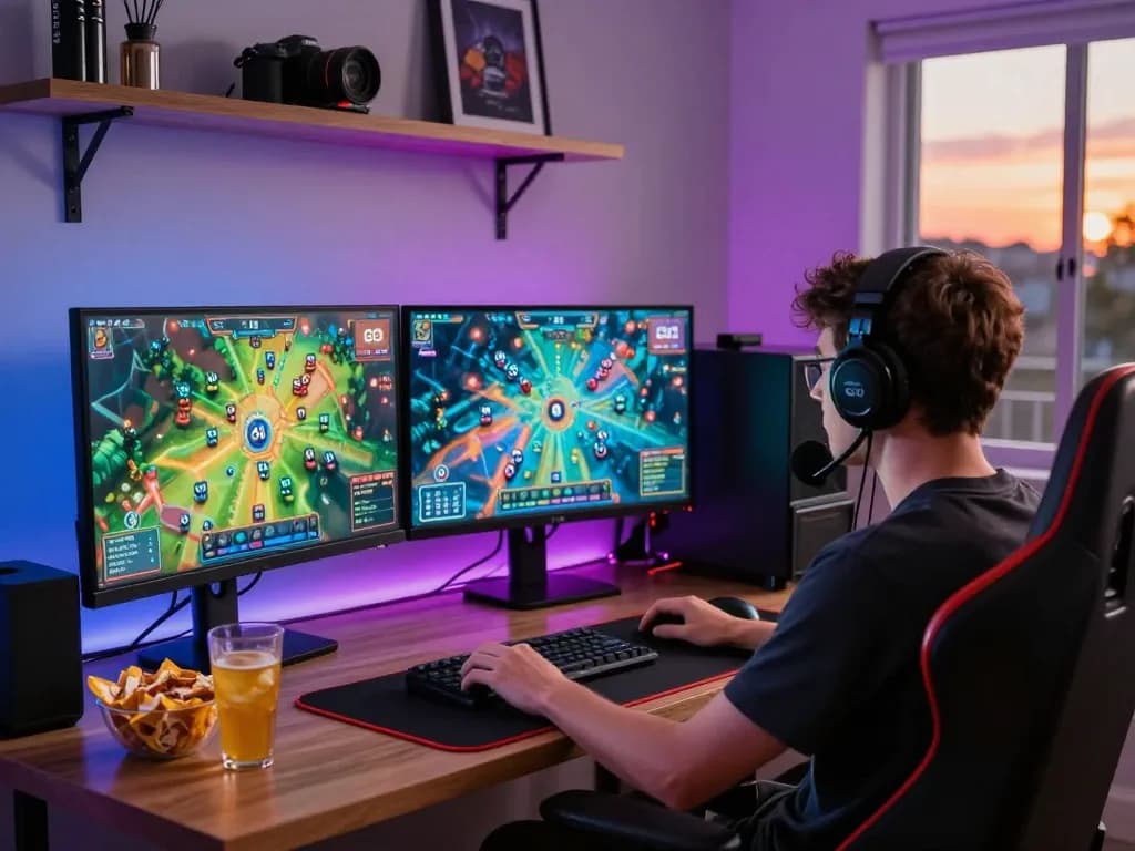 Player immersed in GO 8 gaming experience with multiple screens and vibrant graphics.