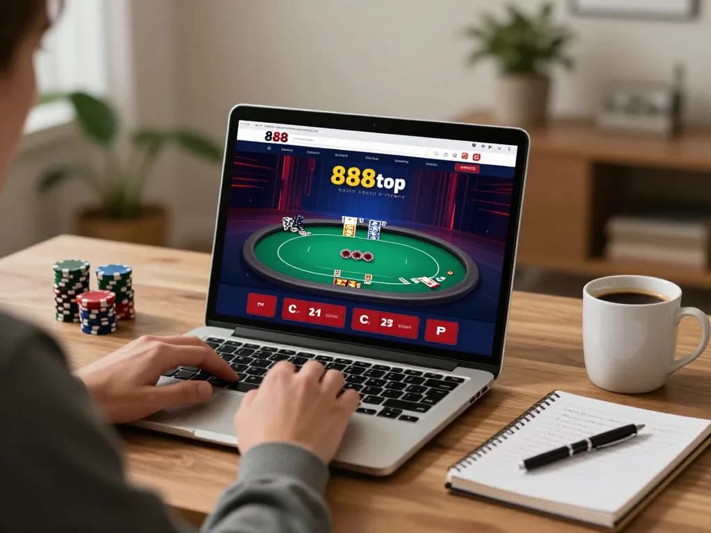 Engaging in poker gameplay on 888top from a comfortable home setting