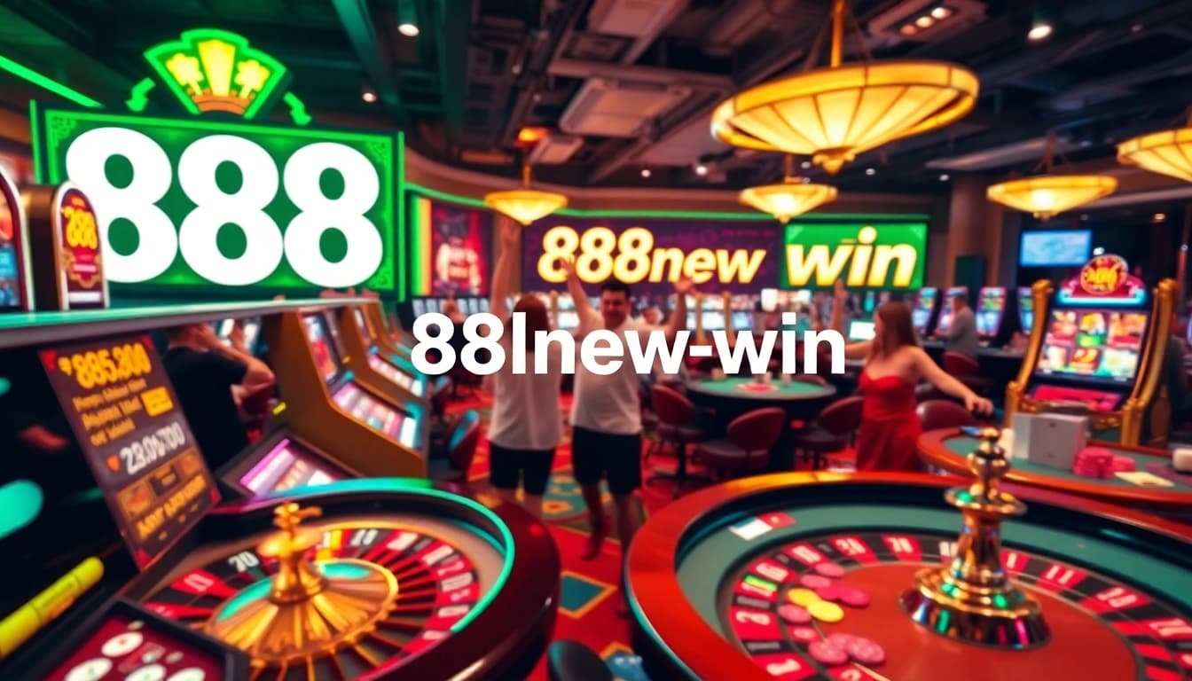 Experience the excitement of 888new win at a vibrant online casino scene featuring players, roulette wheels, and slot machines.