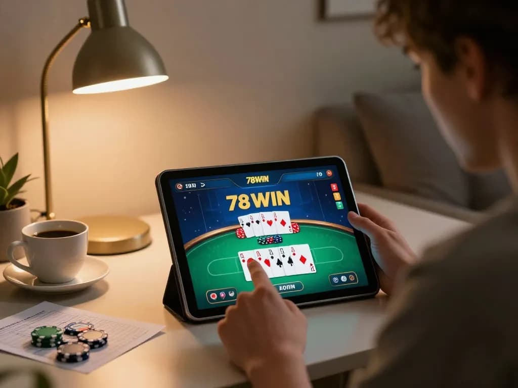 Engaging in strategic gaming with 78WIN poker on a tablet in a cozy setting