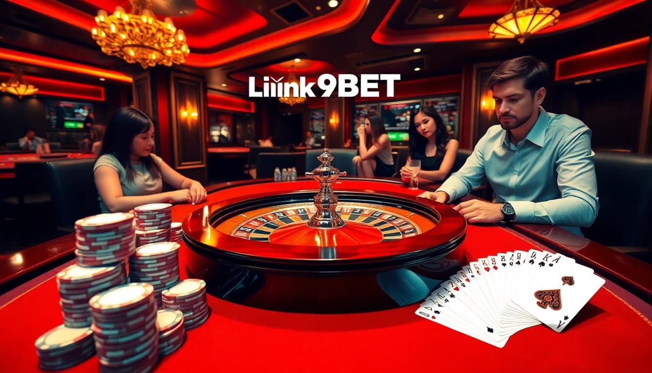 Experience the thrill of Link 9BET at a luxurious casino table with poker chips and playing cards.