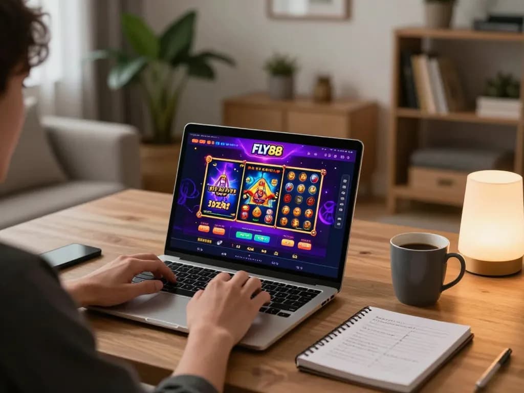 Engaging with FLY88 online casino on a laptop in a cozy living room setting