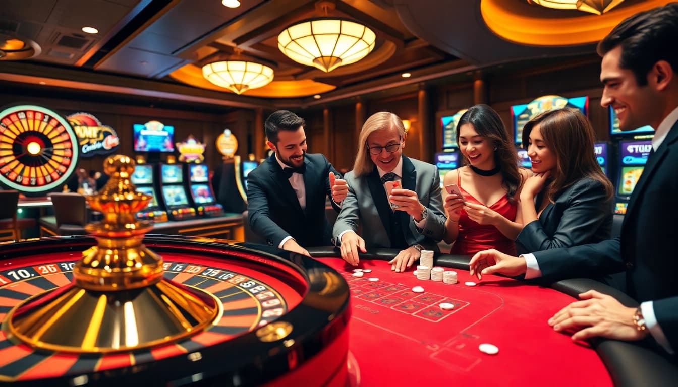 Exciting casino scene showcasing XX88 with players engaged at a poker table in a luxurious setting.