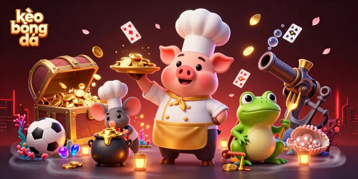 Kèo bóng đá illustration featuring a pig chef serving gold coins with dynamic sports elements and vibrant casino decor.