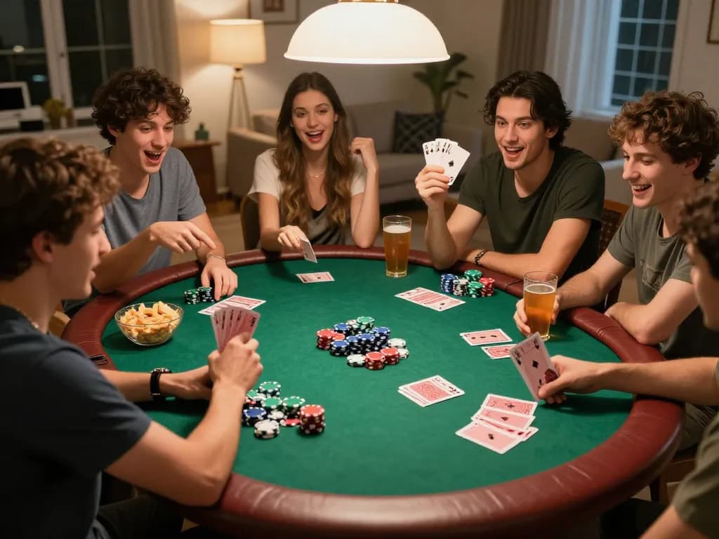 Friends enjoying an exciting poker game night at home, capturing the spirit of f8betz social gambling.