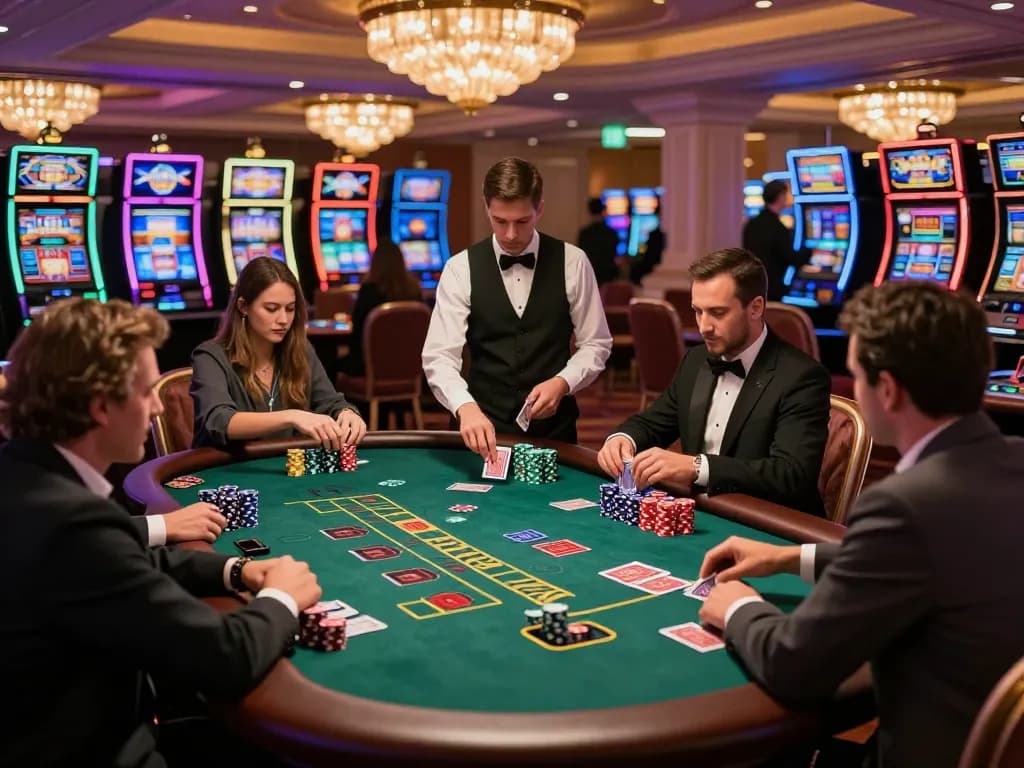 Engaged players enjoying high-stakes blackjack at 789 Win casino, vibrant atmosphere.