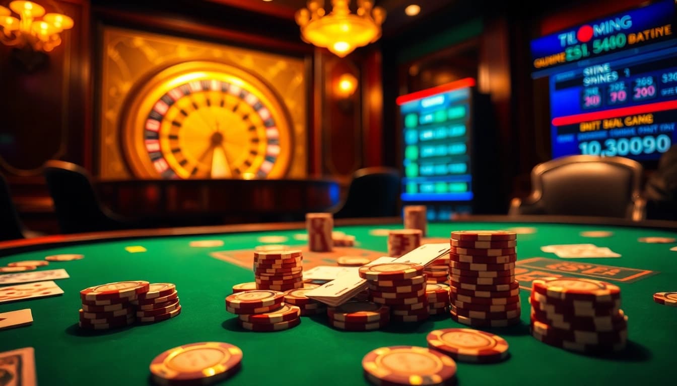 Tỷ lệ kèo bóng featured in a luxurious casino with a vibrant poker table and roulette wheel