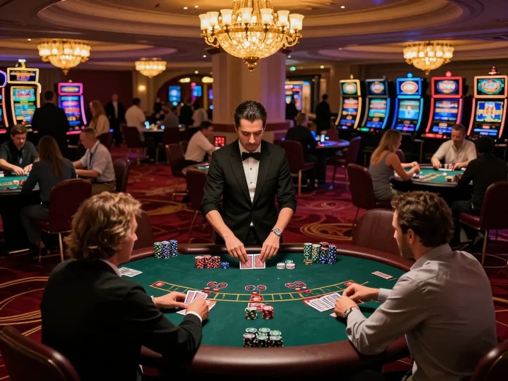 33win players enjoying intense blackjack action in a luxurious casino setting.
