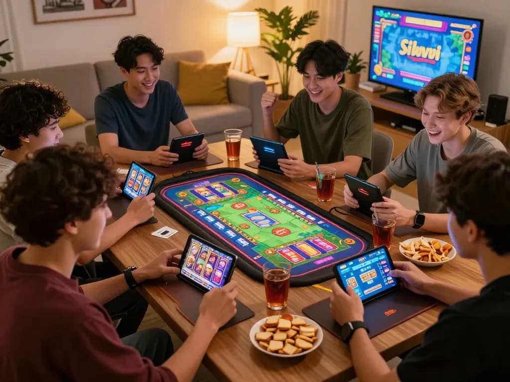 Exciting group of friends enjoying online gaming with the tải sunwin app on mobile devices, vibrant atmosphere, cozy setting.