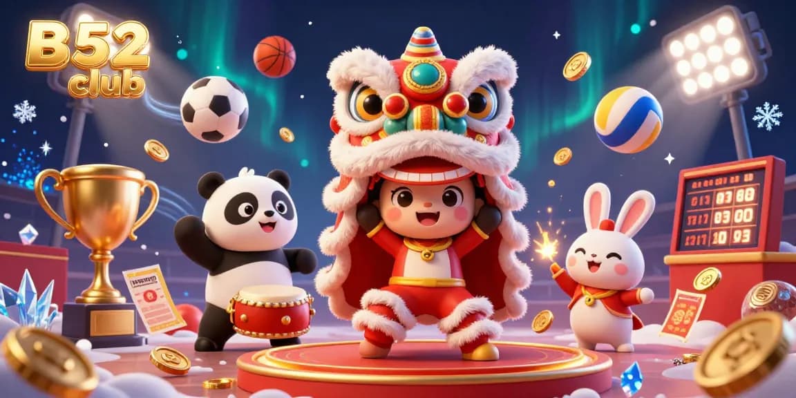 B52 club engaging players with exciting games, festive lion dance, sports elements, and vibrant colors.