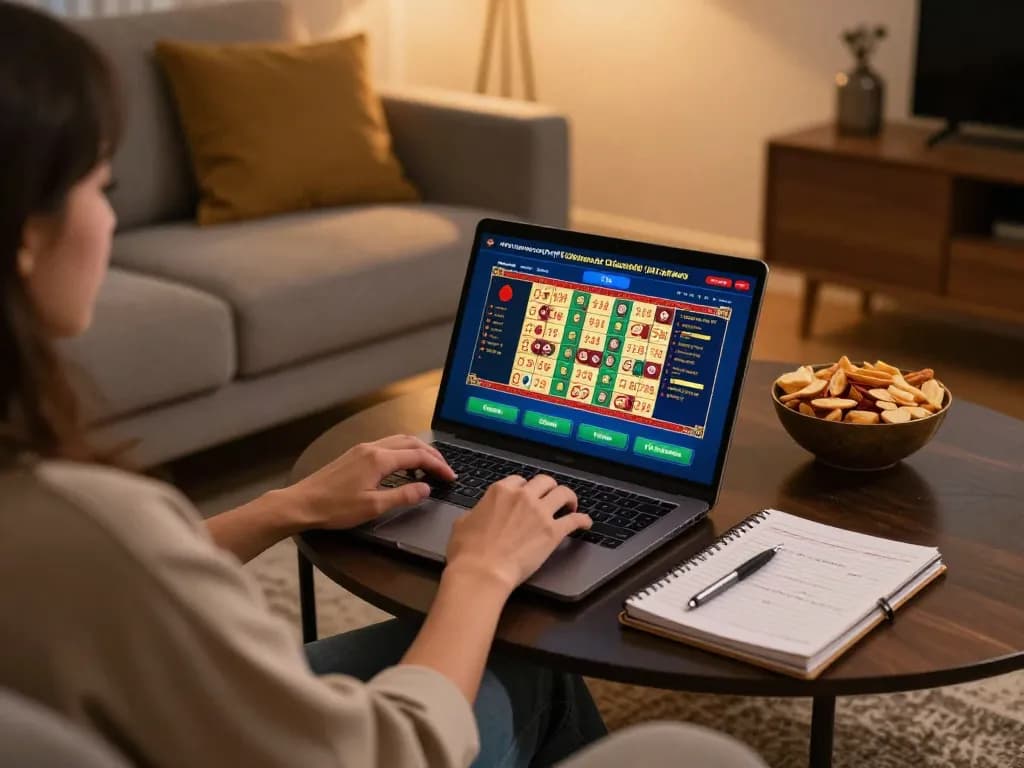 Engaging in danh de online gaming at home with laptop and betting strategy.