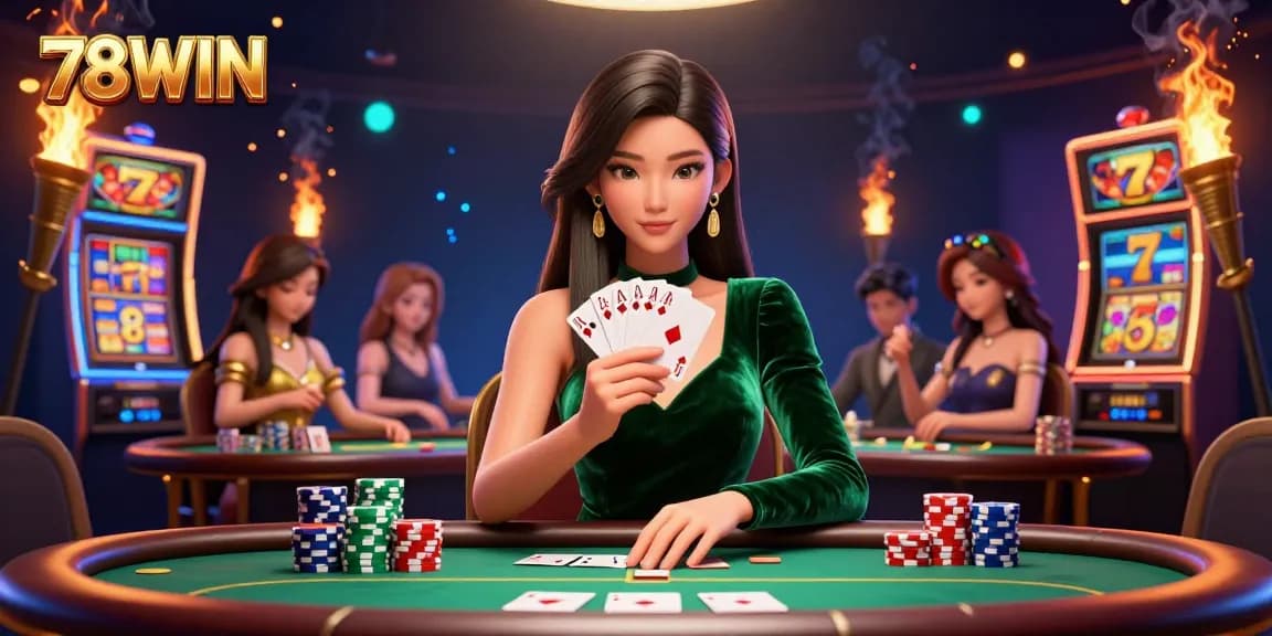 Experience the thrill of gaming at 78WIN with stunning visuals of strategic poker play and exciting slot elements.
