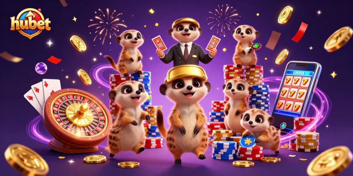 Experience hubet's thrilling casino with meerkats managing colorful poker chips and a spinning roulette wheel.