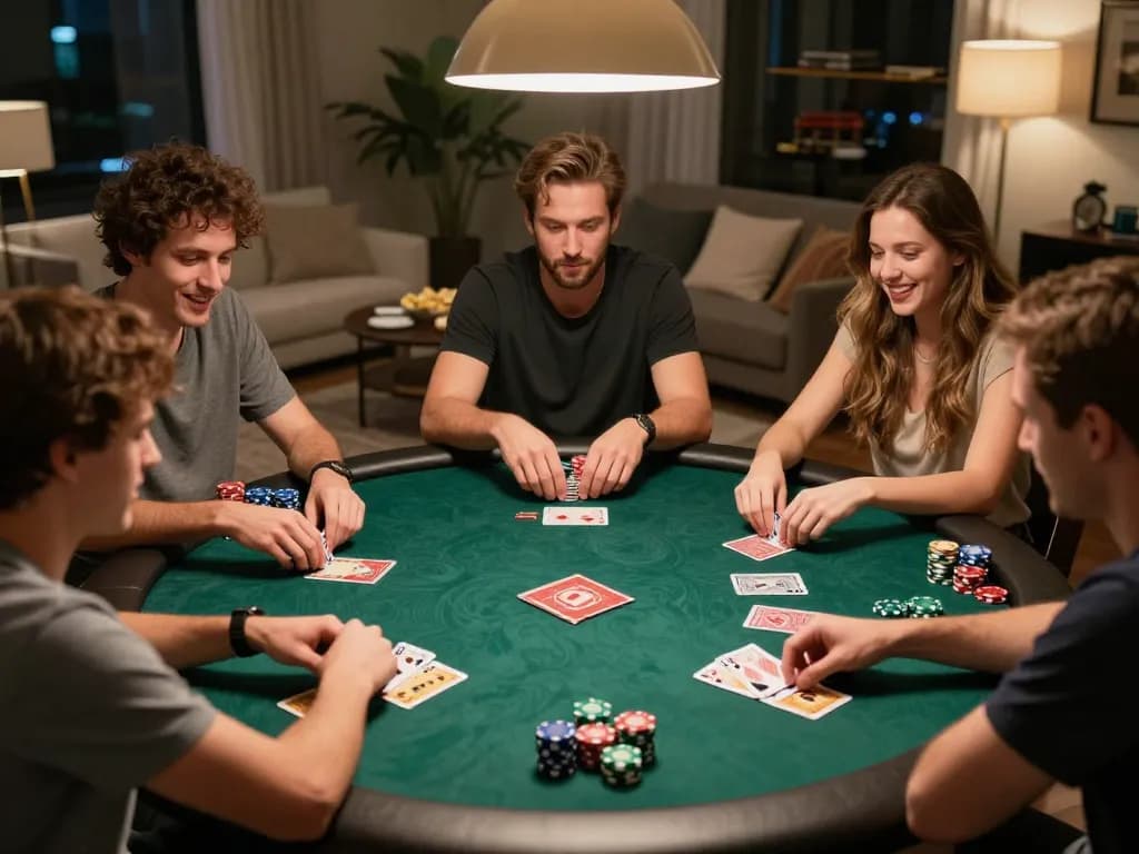 Players enjoying a thrilling poker game night at home with 888New atmosphere