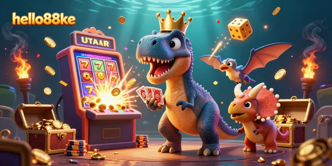 Experience thrilling gameplay at hello88ke with a T-Rex shuffling cards and winning big!