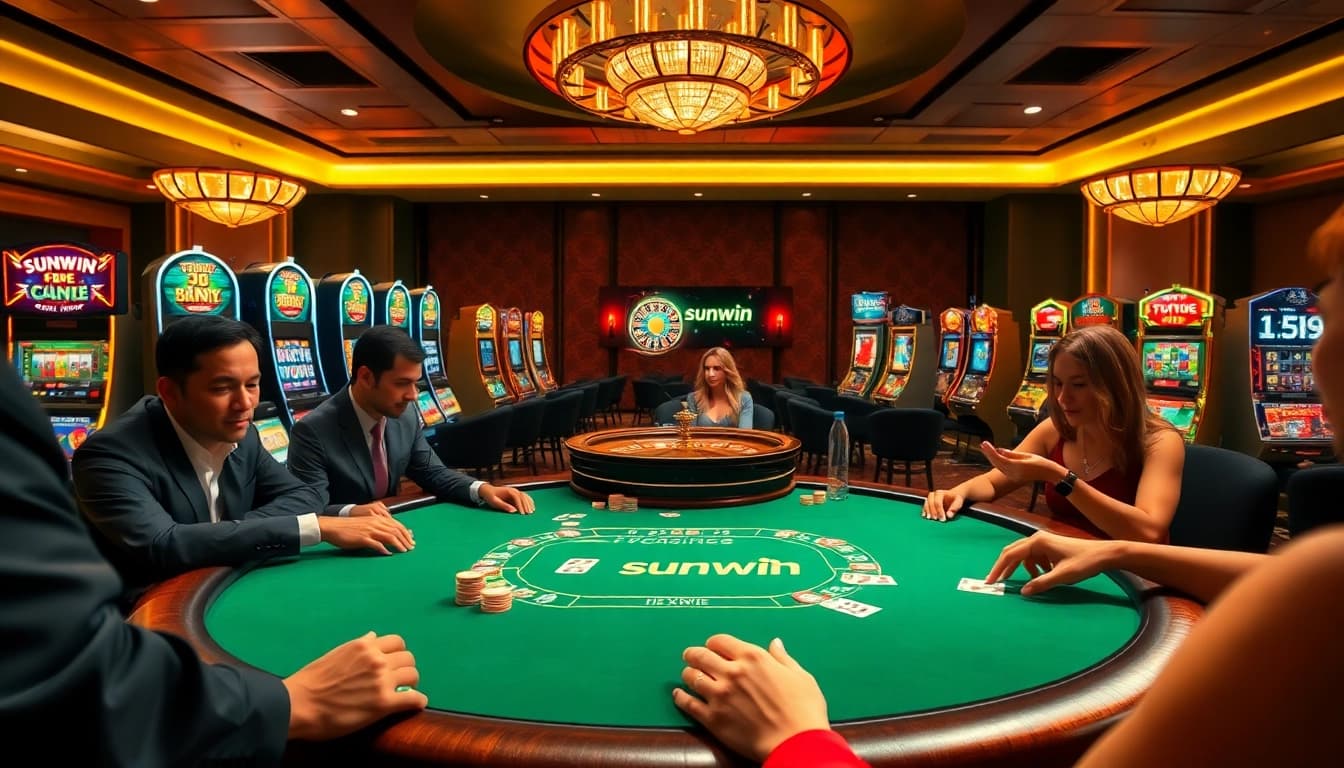 Engaged players enjoying a high-stakes game at sunwin casino with vibrant tables and slot machines.