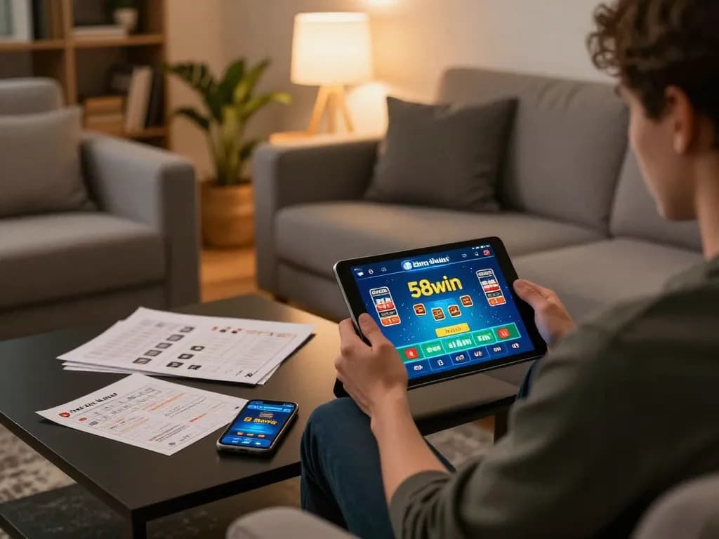 Player engaging with the 58wiin app for online gambling in a cozy setting, showcasing strategic gameplay.
