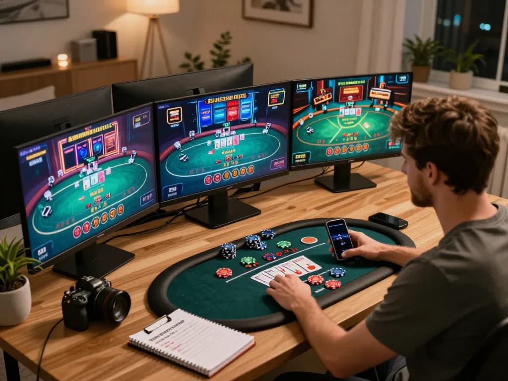 Player strategizing for online slots at XX88 through a sleek home gaming setup.