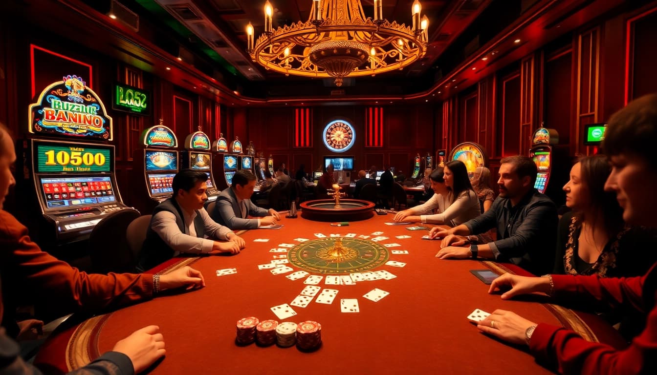 B52 players strategizing at a luxurious poker table in a vibrant casino environment, capturing the thrill of high-stakes gambling.