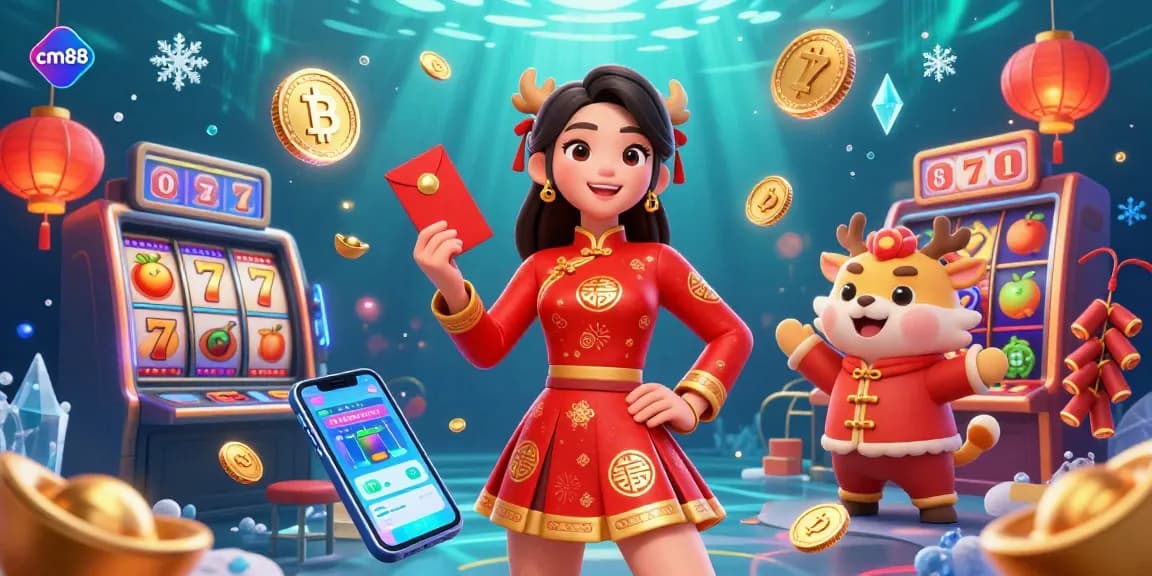 Engage in exciting casino action with cm88's vibrant Lunar New Year celebration featuring a stunning Asian woman.