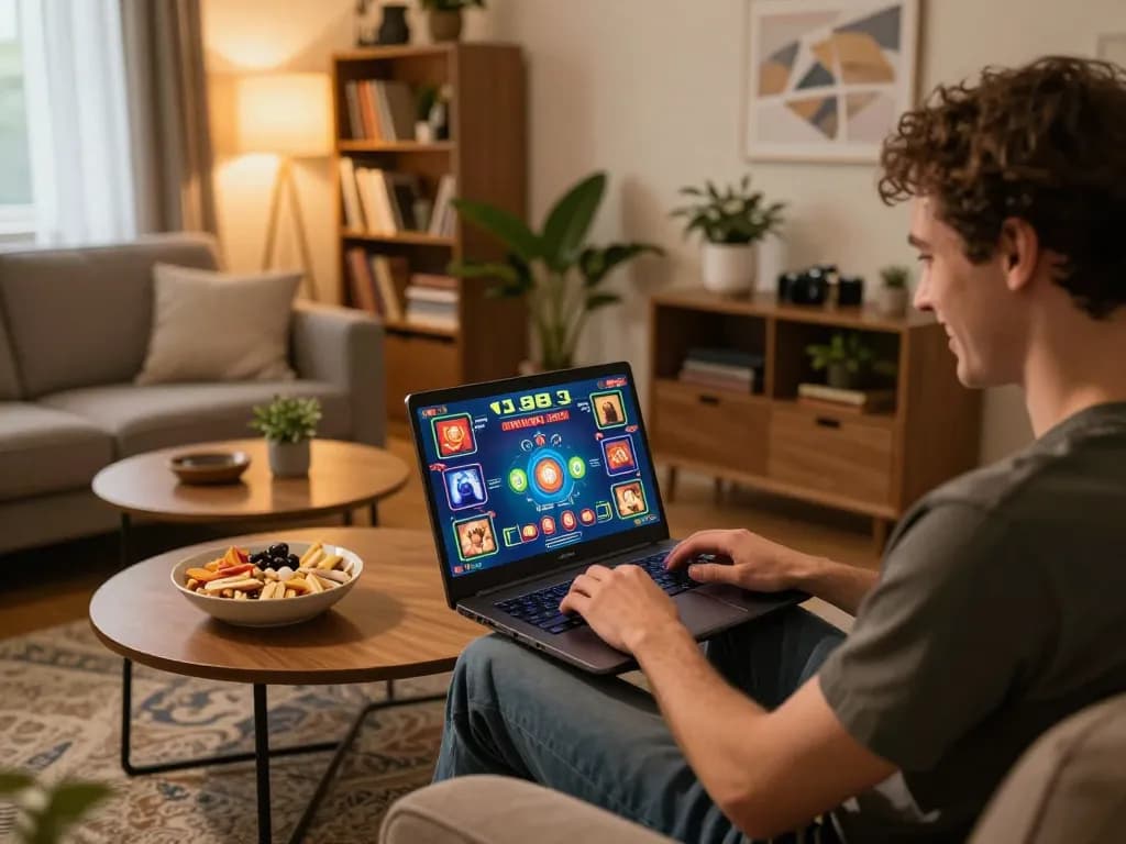 Experience the thrill of online gaming with 33win in a cozy home setup, enjoying a lively poker game.