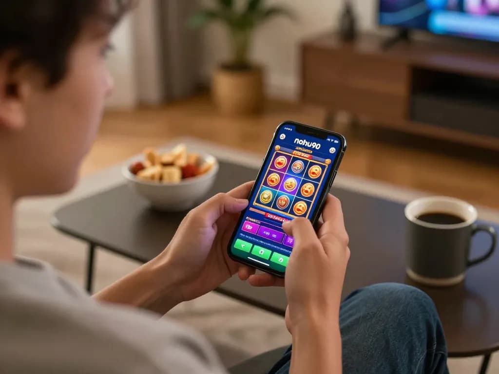 Engaging moment using nohu90 app to play virtual slots in a cozy home setting