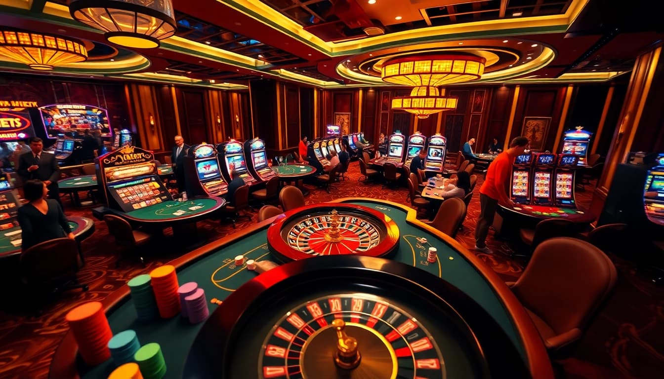 Exciting gaming scene at https://789win939.com/ with poker chips, roulette, and vibrant atmosphere.