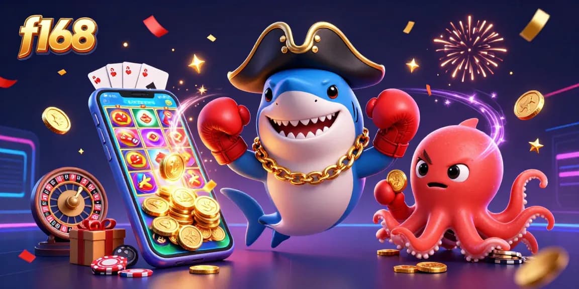 Play exciting games at f168 with colorful slots and casino elements in a vibrant 3D illustration.