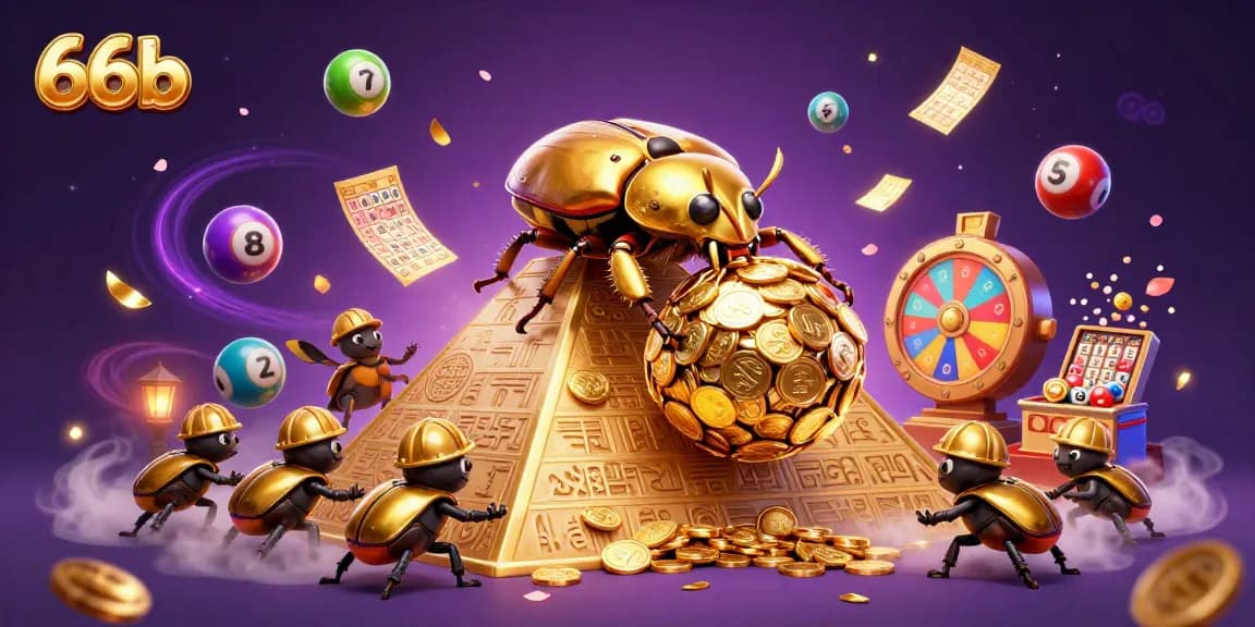 Innovative 66b illustration showcasing a golden dung beetle and casino symbols in an engaging lottery scene.