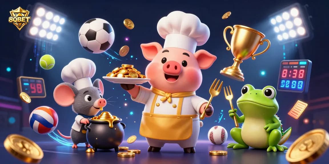 Engage with 8QBET's thrilling games while a chef pig serves gold coins in a vibrant casino scene.
