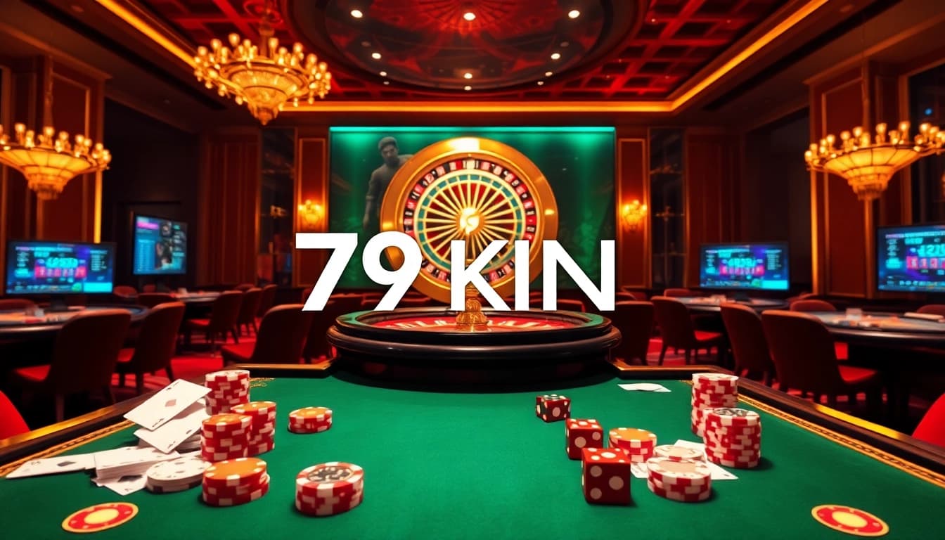 Exciting 79KING casino scene showcasing betting excitement with vibrant poker chips and cards.