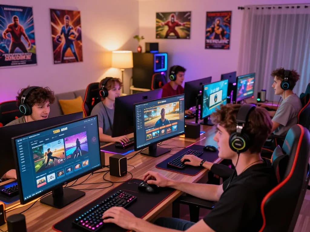 Dynamic gaming scene with players enjoying various interactive features of tg88 online betting platform in vibrant home setting.