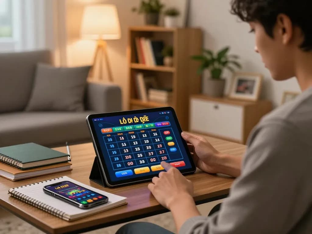Lô Đề Online gaming strategy session at home with a person using a tablet for betting.