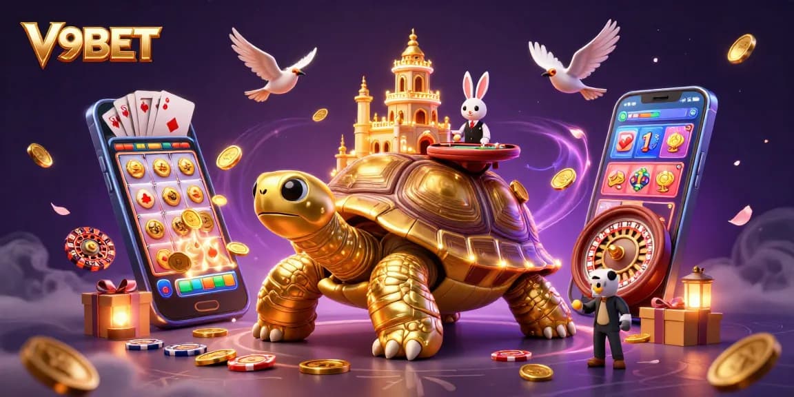 Engage with V9BET's dynamic 3D casino scene featuring a golden tortoise and exciting game action.