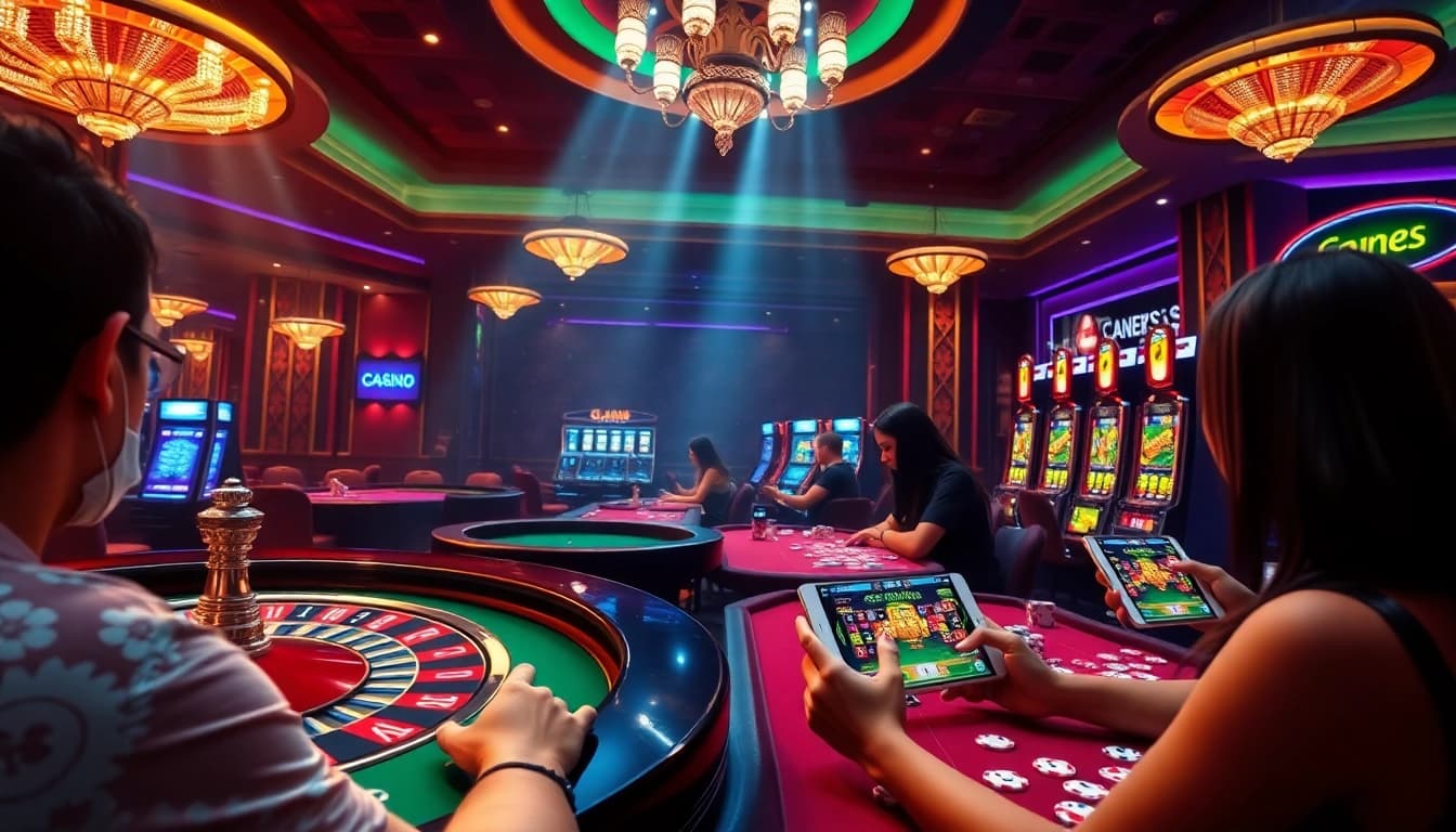 Experience the thrill of gambling at http://aalo789.in.net/ with vibrant casino lights, roulette wheels, and excited players.