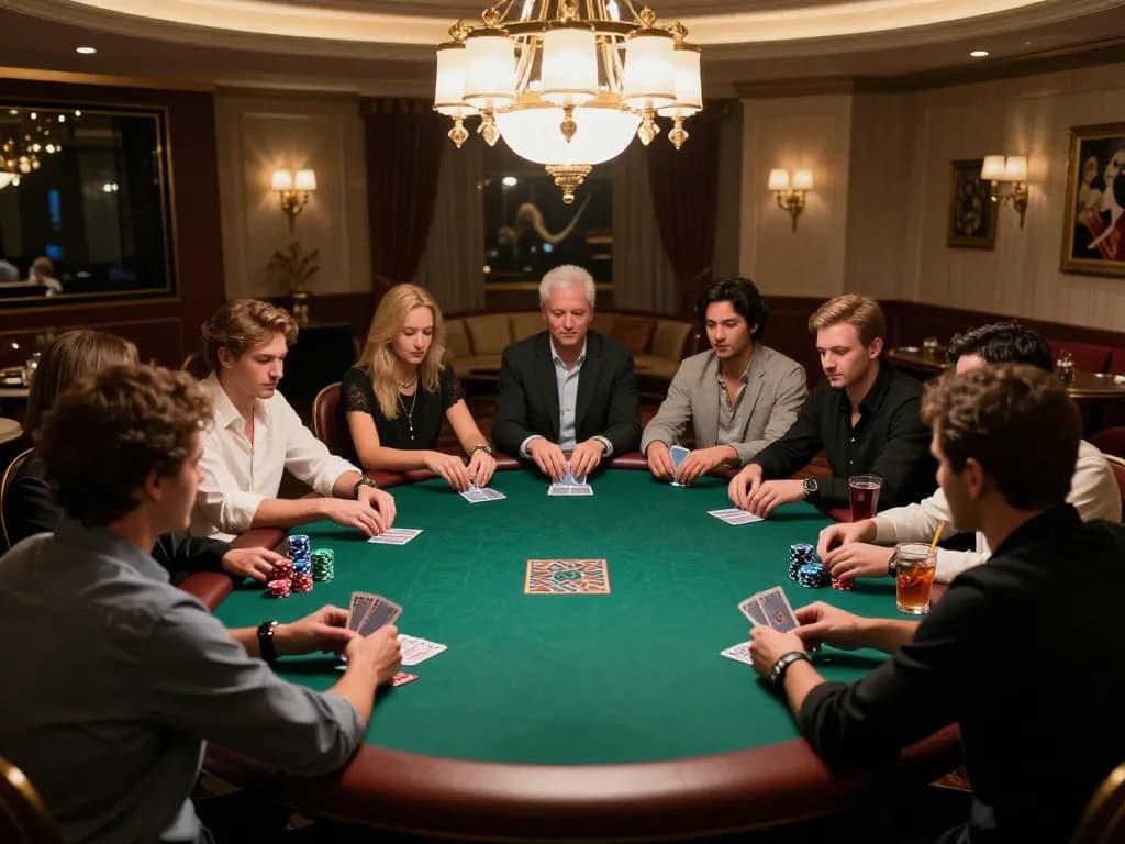 Players enjoying a high-stakes poker game at 9bet in a luxurious setting, creating an atmosphere of competition.