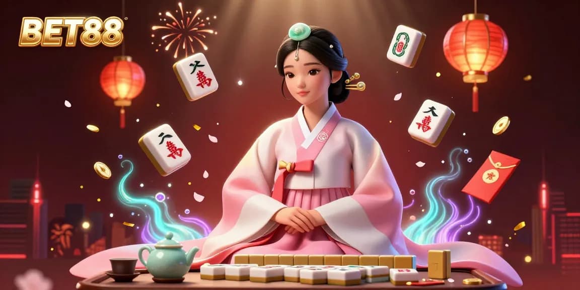 Engage with BET88 in this vibrant illustration showcasing a serene Asian woman amidst floating mahjong tiles and festive decorations.